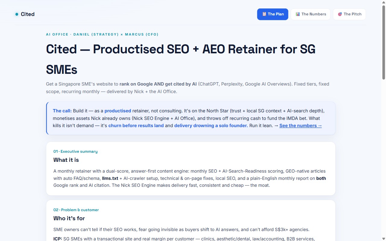 Screenshot of Cited: AI SEO / AEO retainer hub