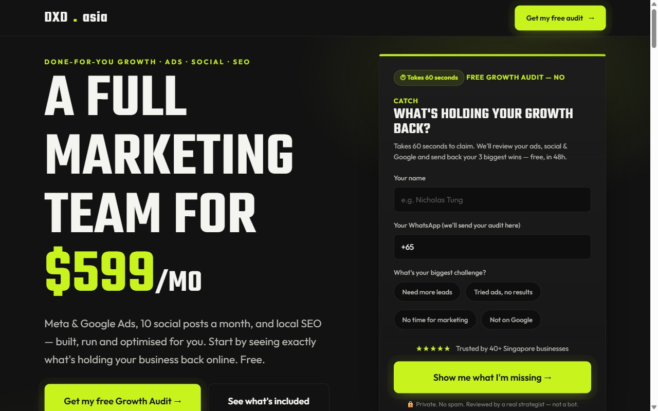 Screenshot of DXDasia: growth-starter landing page