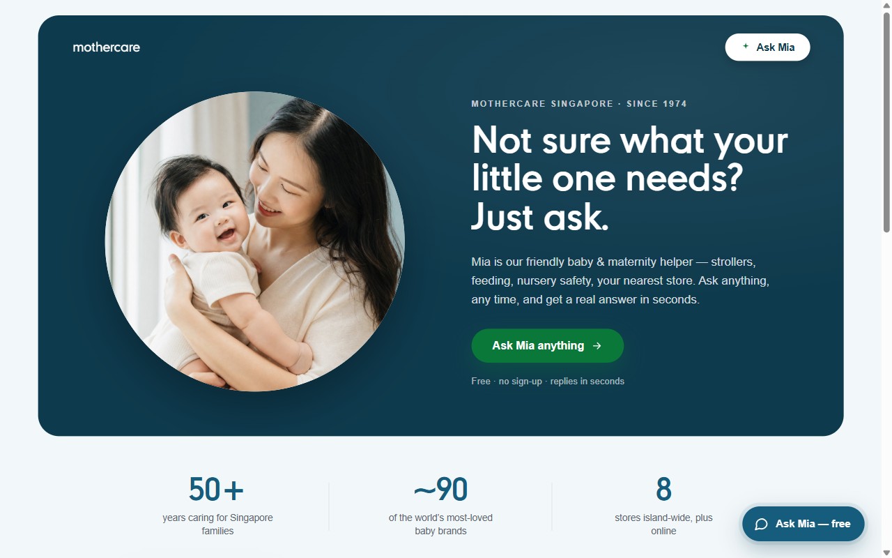 Screenshot of Mothercare SG: grounded product chatbot (demo build)